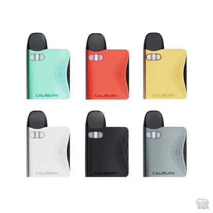 UWELL Caliburn AK3 Pod system vape devices in the colours Cyan, Red, Gold, Silver, Black, Gray