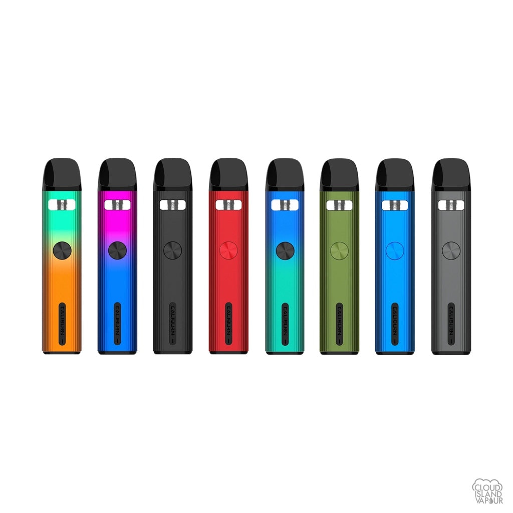 UWELL Caliburn G2 Pod system vapes in 8 colors Ocean Flame, Gradient, Carbon Black, Pyrrole Scarlet, Gradient Blue, Cobalt Green, Ultramarine Blue, Matte Gray