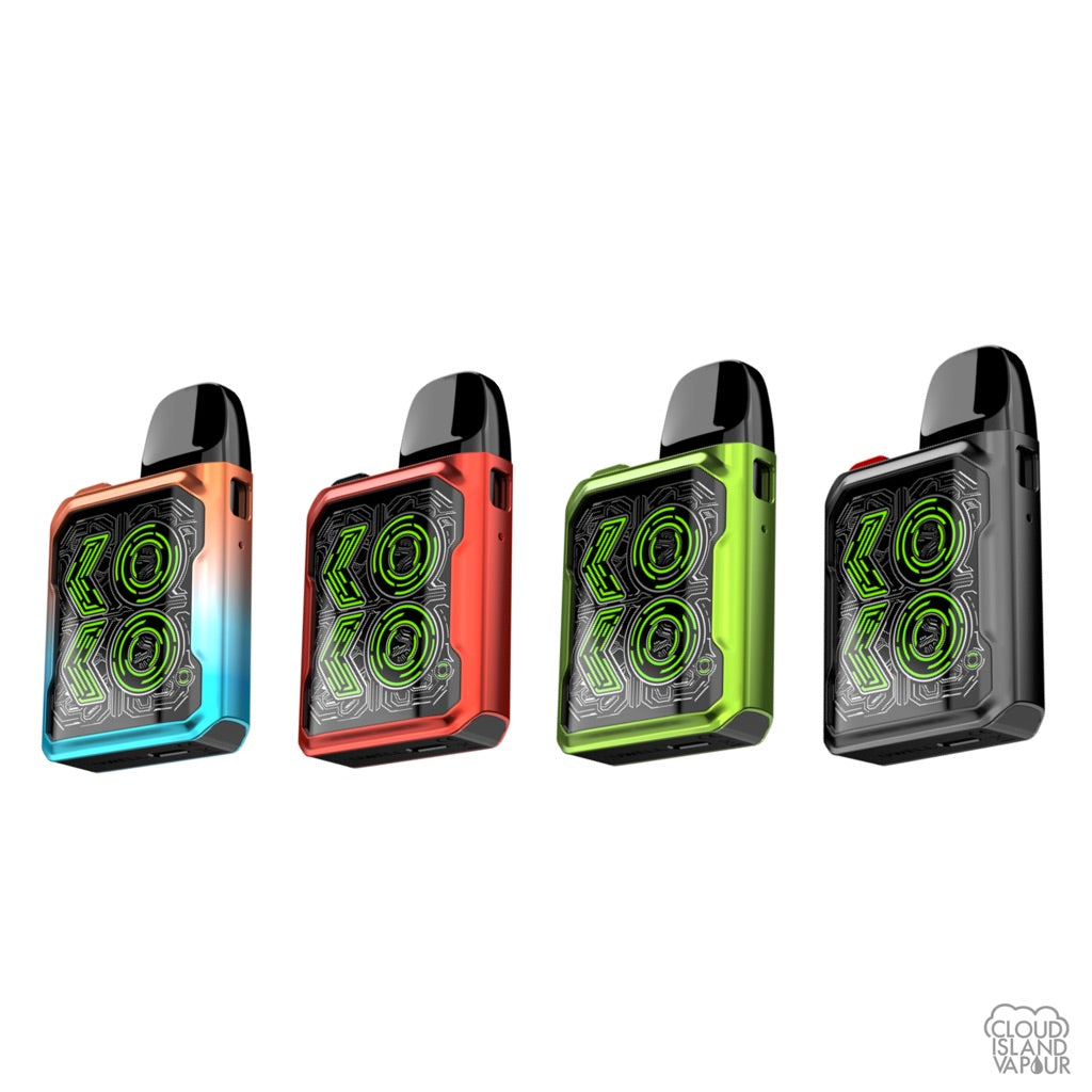 UWELL Caliburn GK2 Pod system vape devices in 4 colours, Ocean Flame, Ribbon Red, Aurora Green, Matte Black