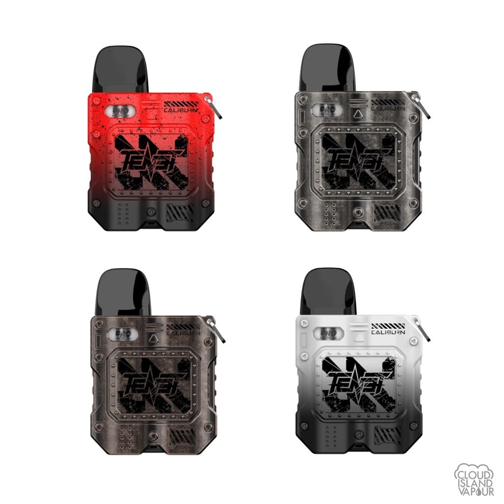 UWELL Caliburn Tenet Koko Pod System vape devices in the colours Red and Black, Gray, Copper, White and Black