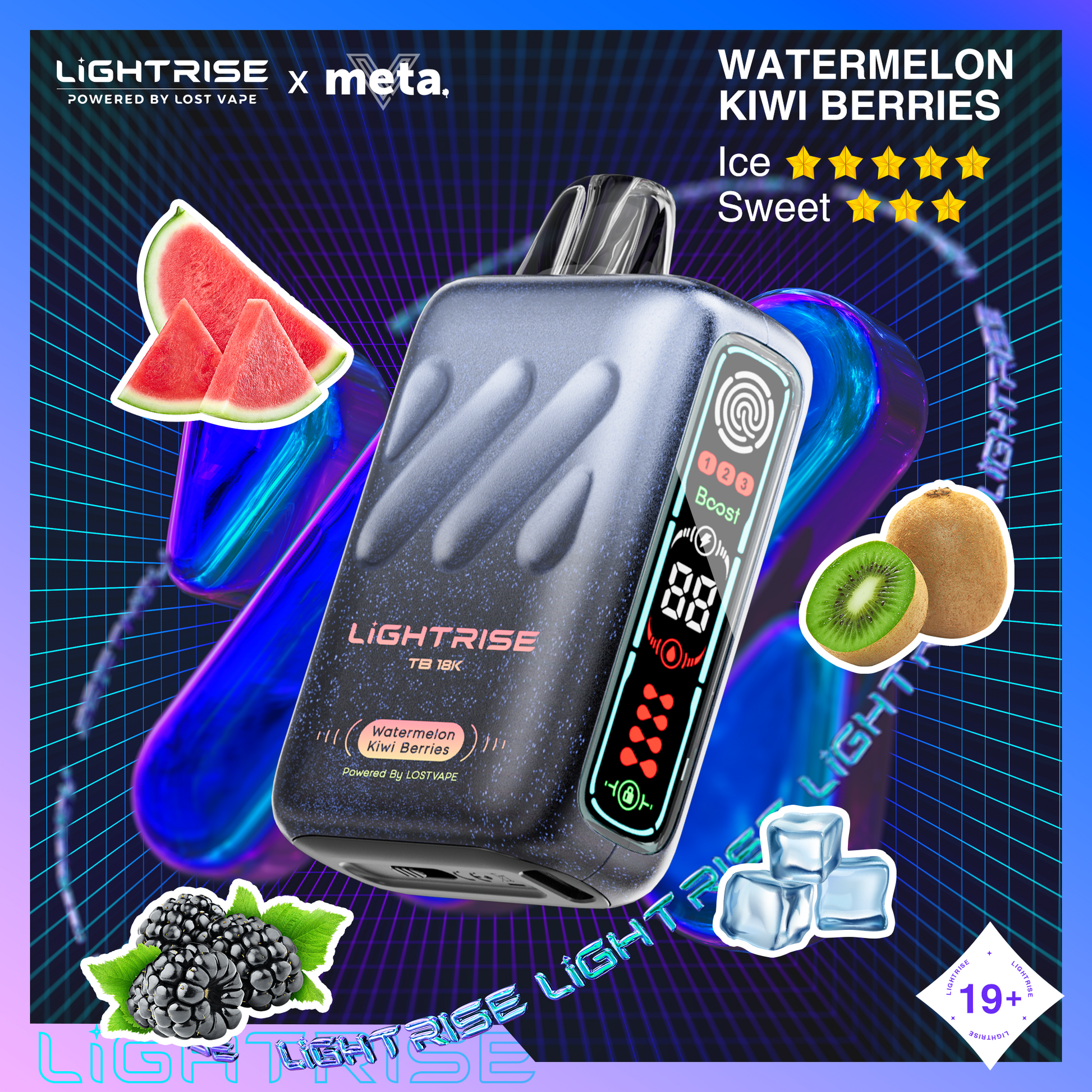 Watermelon Kiwi Berries Lost Vape Lightrise TB 18K Disposable Vape 18000 Puffs